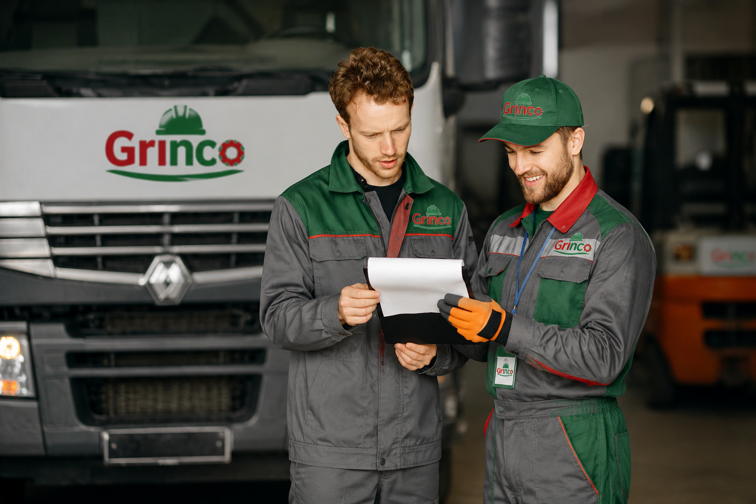 Équipe technique GRINCO RDC dans un atelier de véhicules industriels